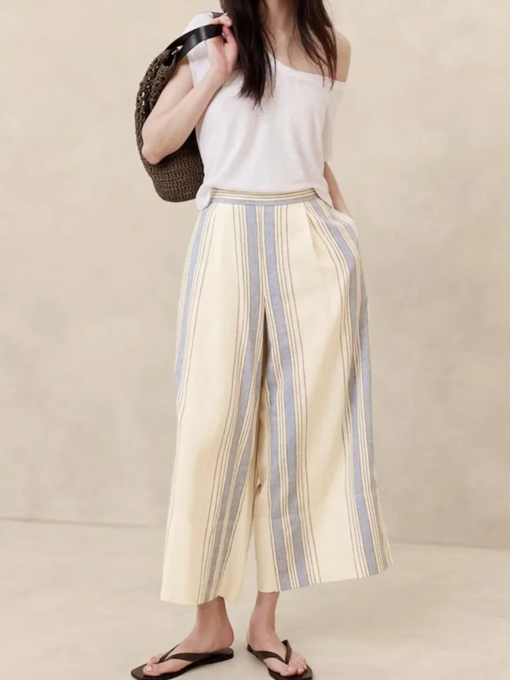 Banana Republic Linen Blend High Rise Cropped Striped Wide Leg Pants Pockets, M